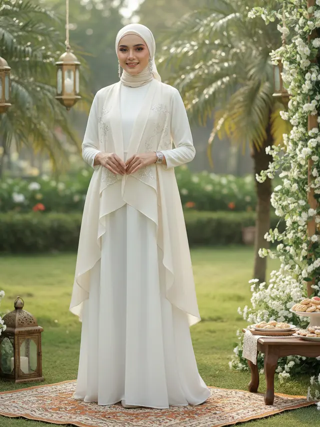 Model Gamis Rompi Terbuka Tren Busana Lebaran 2026 (Foto: Gemini AI)
