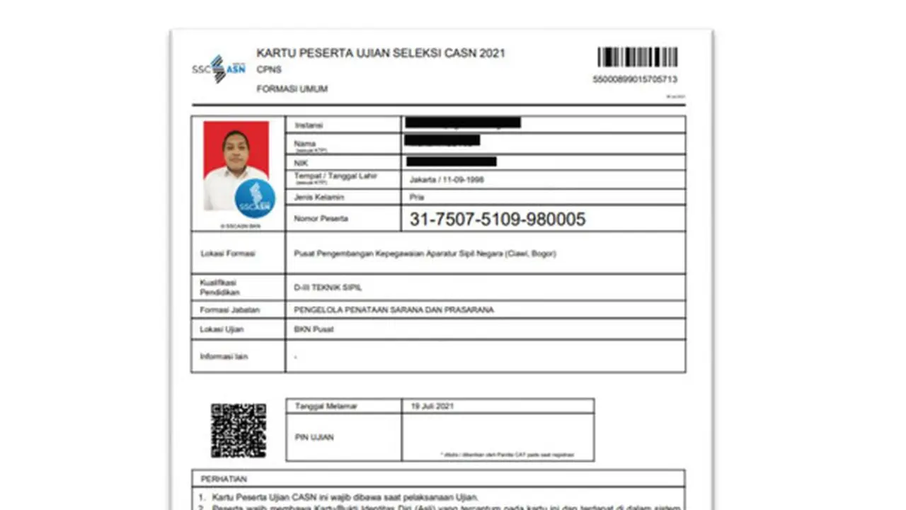 Contoh Kartu Ujian SKD CPNS 2021