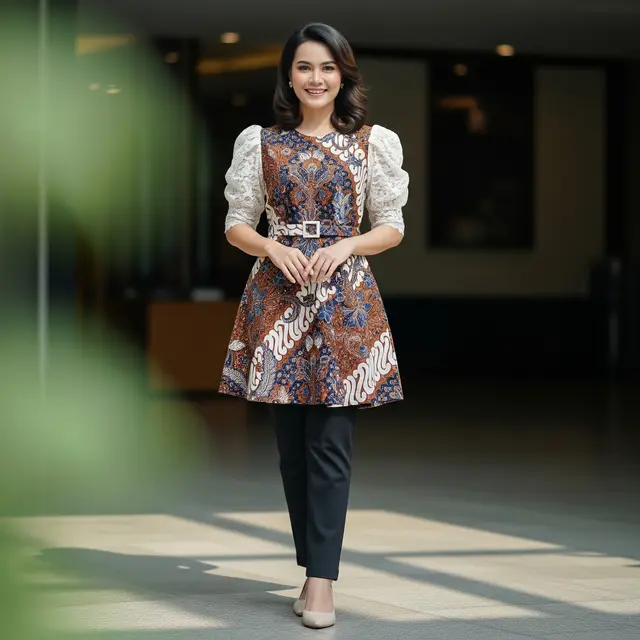 9 Model Tunik Batik Kombinasi Brokat Lengan Puff untuk Acara Semi Formal, Tampil Anggun