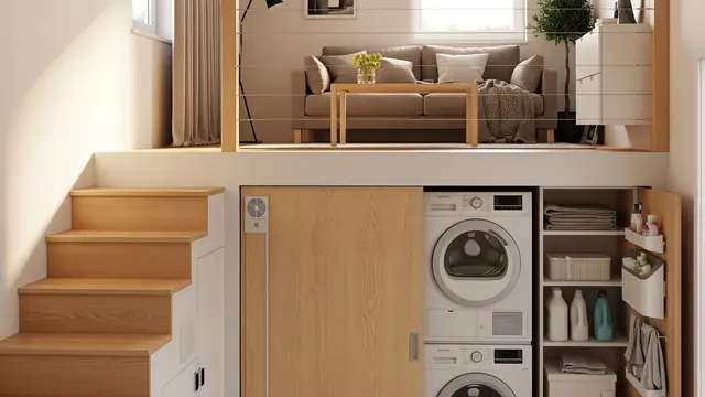 Inspirasi Rumah Kecil Mezzanine dengan Area Laundry Tersembunyi di Bawah Tangga/ Ilustrasi gambar AI