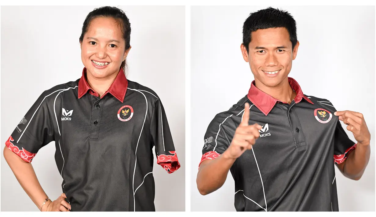 Dua atlet paralympic Indonesia, Jendi Pangabean (kanan) dari cabor para-renang dan Hana Resti dari cabor para-tenis meja berpose dengan jersey tim Indonesia saat peluncuran jersey tim Indonesia untuk Asian Para Games Hangzhou 2022 di Pendhapi Balaikota Surakarta, Jawa Tengah, Jumat (13/10/2023). (Kolase foto NPC Indonesia/Agung Wahyudi)