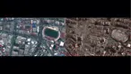 Foto kombinasi yang dibuat citra satelit handout milik Maxar Technologies pada 8 Februari 2023 ini menunjukkan bangunan dan stadion di Kahramanmaras, Turki pada 26 Juli 2022 (kiri), sebelum gempa bumi berkekuatan 7,8 SR yang melanda wilayah tersebut pada 6 Februari 2023, dan foto kanan menunjukkan bangunan yang hancur dan tempat penampungan darurat di stadion di Kahramanmaras, Turki pada 8 Februari 2023, setelah gempa bumi berkekuatan 7,8 SR yang melanda wilayah tersebut. (AFP/CITRA SATELIT &copy;2023 MAXAR TECHNOLOGIES)