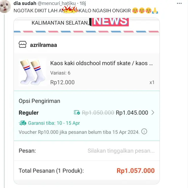 6 Ongkos Kirim Beli Kaus Kaki hingga Jutaan Bikin Kaget, Respon Penjual Kocak