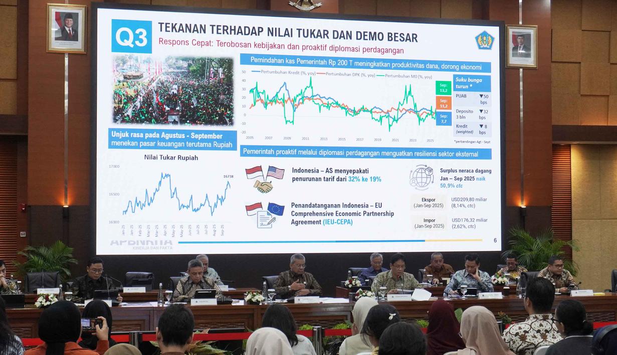 Dalam keterangannya saat Konferensi Pers APBN Kita, Menkeu Purbaya Yudhi Sadewa, mengungkap dari sisi pendapatan realisasi pendapatan negara sepanjang 2025 mencapai Rp2.756,3 triliun atau 91,7% dari target APBN. Tampak dalam foto, Menteri Keuangan (Menkeu), Purbaya Yudhi Sadewa (ketiga kanan depan) saat memberi keterangan dalam Konferensi Pers APBN Kita, di Kantor Kementerian Keuangan, Jakarta, Kamis (8/1/2026). (merdeka.com/magang/Rendi Saputra)