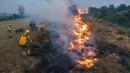 Petugas pemadam kebakaran beroperasi di lokasi kebakaran hutan di Pumarejo de Tera dekat Zamora, Spanyol, 18 Juni 2022. Kebakaran hutan terbesar masih di luar kendali sore ini di Sierra de la Culebra, sebuah pegunungan di wilayah Castile dan Leon (barat laut), dekat perbatasan dengan Portugal. (CESAR MANSO/AFP)