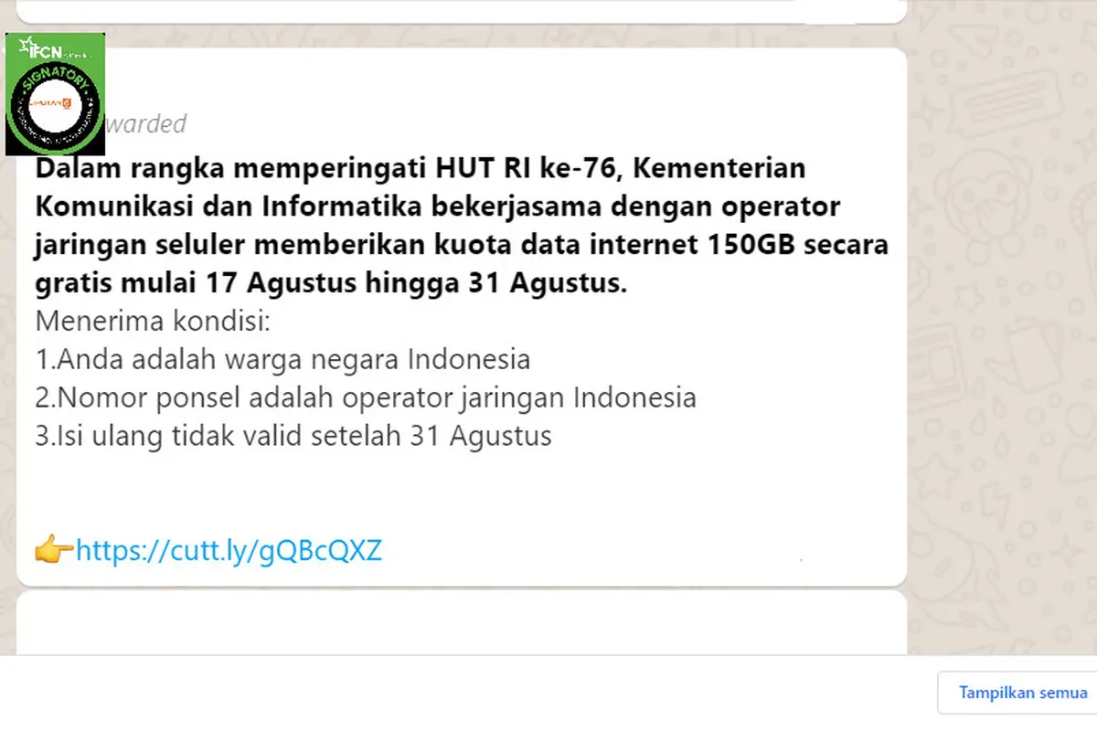 Cek Fakta Liputan6.com menelusuri informasi Kominfo bagikan kuota intenet 150 GB mulai 17-31 Agustus