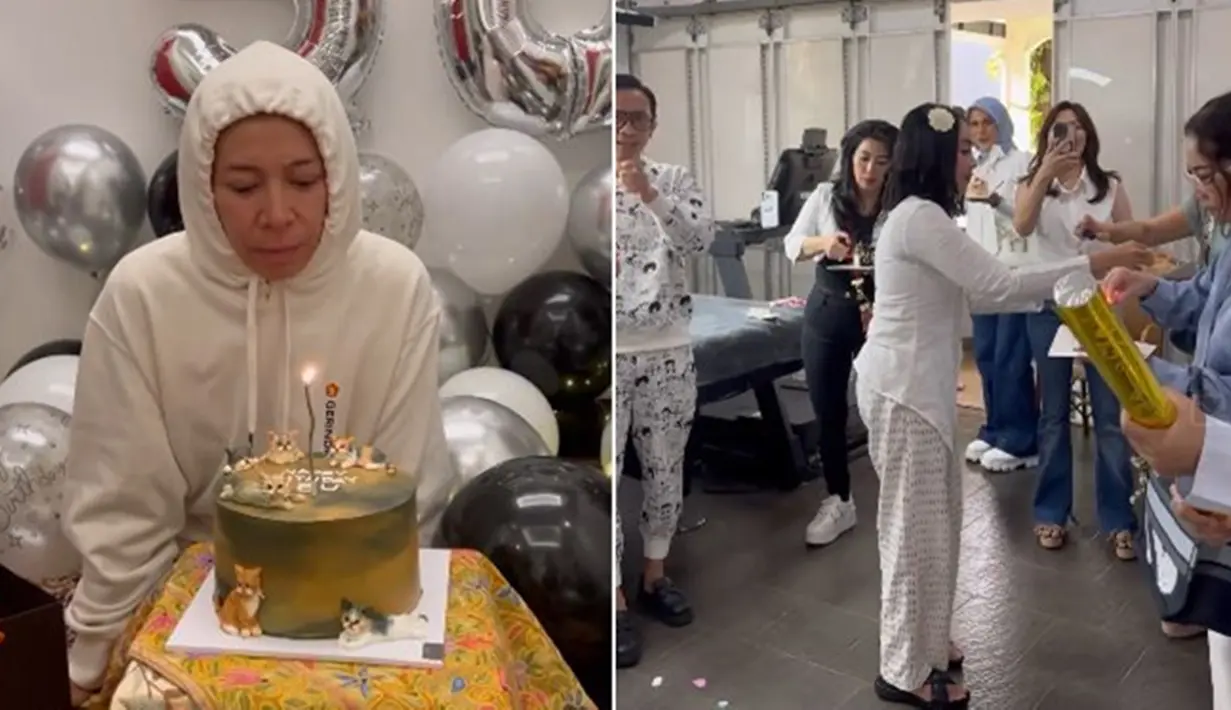 Sejumlah sahabat artis yang datang antara lain, Aming, Dewi Gita, Marini Zumarnis hingga Cut Keke. Bersama yang lain, mereka menyiapkan beberapa kue ultah beserta lilinnya. Tak ketinggalan, mereka juga membawa party popper agar momen kejutan menjadi lebih meriah. (Liputan6.com/IG/@melly_goeslaw)