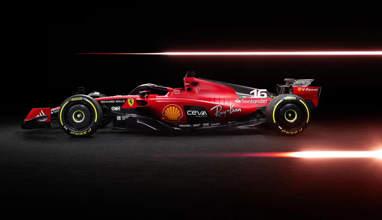 Tampak samping mobil baru Scuderia Ferrari SF-23 untuk Formula 1 2023 saat acara peluncuran di Maranello 14 Februari 2023. (AFP/Ferrari Press Office)
