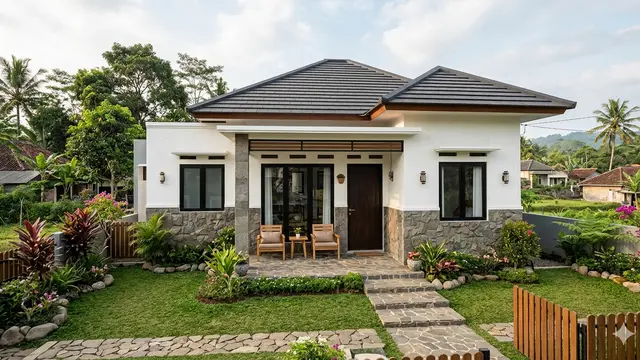Contoh Rumah Desa dengan Kombinasi Batu Alam dan Atap Limas Modern yang Elegan. Gemini