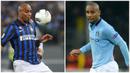 Foto kolase saat Maicon (kiri) membela Inter Milan dalam pertandingan Liga Italia pada 13 Mei 2012 dan Maicon (kanan) saat membela Manchester City dalam pertandingan Liga Champions pada 4 Desember 2012. (AFP/Gabriel Bouys, Christof Stache)