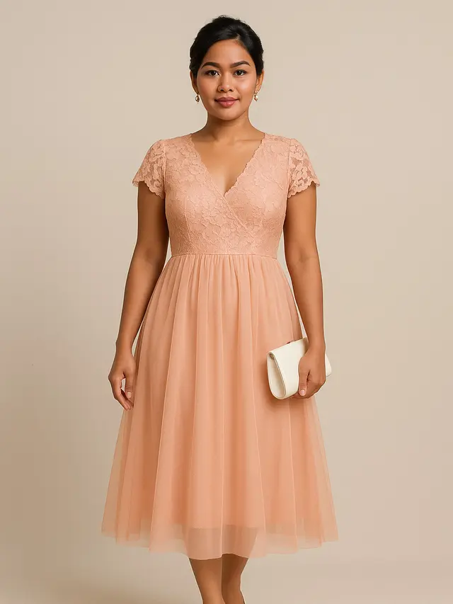 Dress Peach Brokat V-Neck (Foto: ChatGPT)