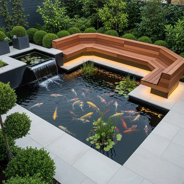 Kolam Ikan dengan Dek Kayu Pelindung dan Bangku Santai (Gemini AI)