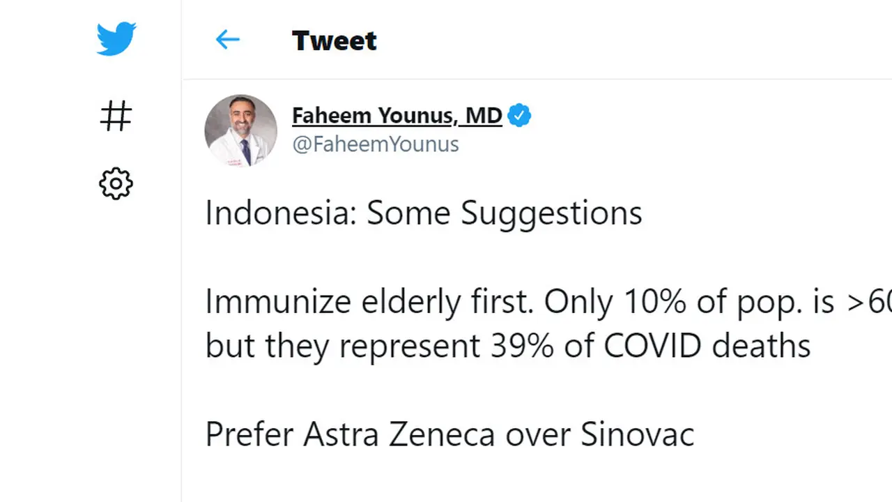 Dr. Faheem Younus dari Universitas Maryland menyarankan Indonesia memakai Astrazeneca ketimbang Sinovac untuk melawan COVID-19.