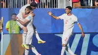 Pemain Timnas Maroko merayakan gol yang dicetak Ismael Saibari, setelah mencetak gol ke gawang Skotlandia di Boston Stadium, Foxborough, Sabtu (20/6/2026) pagi WIB. (AP Photo/Martin Meissner)