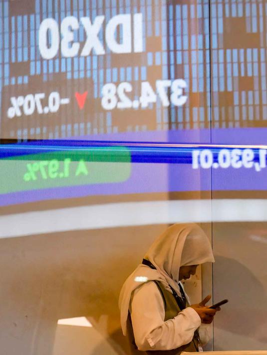 Seorang wanita terlihat di balik monitor kaca yang menampilkan Indeks Harga Saham Gabungan (IHSG), yang anjlok signifikan selama pembukaan pasar, di gedung Bursa Efek Indonesia di Jakarta pada Rabu 13 Mei 2026. (BAY ISMOYO/AFP)