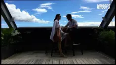 Rio menyanyikan sebuah lagu indah dari Payung Teduh dengan gitar akustik yang dipetiknya.