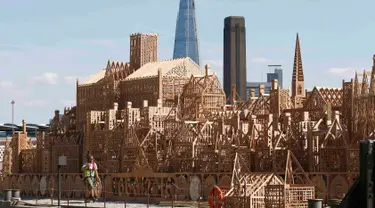 Seorang pekerja menyelesaikan pembuatan patung skyline Kota London sepanjang 120 meter di London, Inggris, (30/8). Patung ini akan dibakar dalam sebuah acara untuk mengenang bencana Kebakaran besar London pada 1666. (REUTERS/Peter Nicholls)