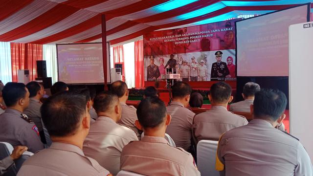 Sambutan Kapolda Jabar Inspektur Jenderal Rudy Sufahriadi,d alam kunjungan kerjanya di Mapolres Garut, Jawa Barat