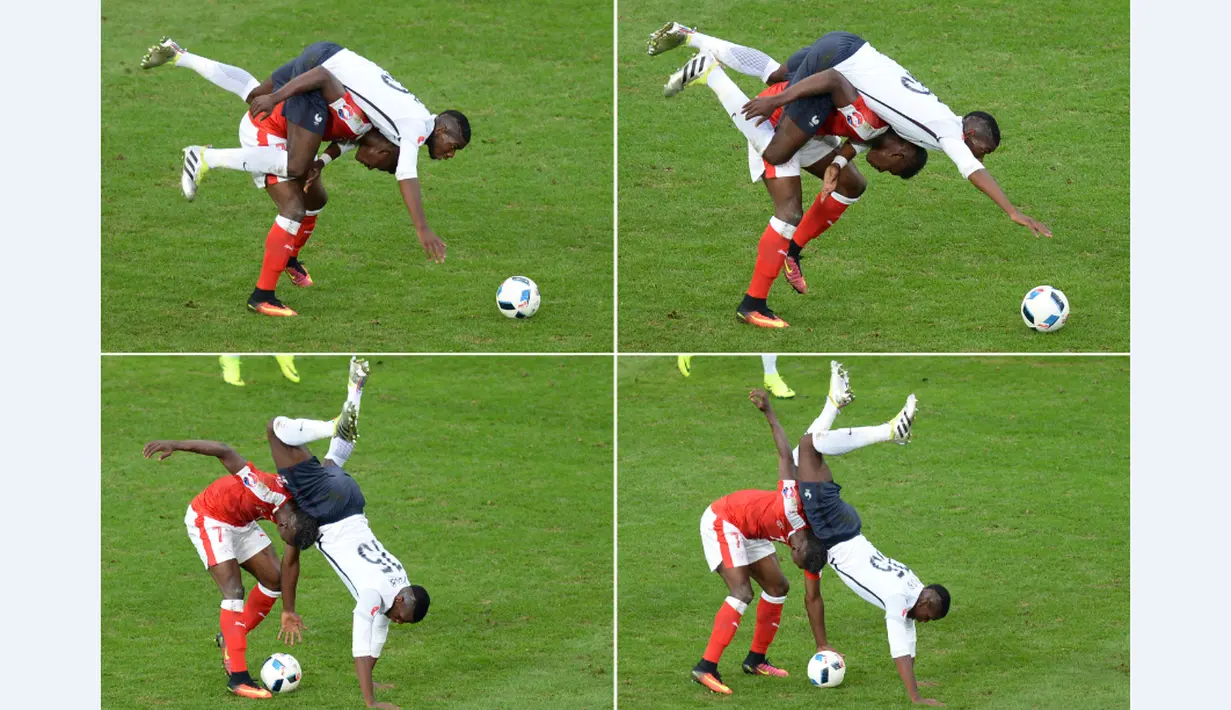 Kombinasi foto yang merekam pemain Prancis, Paul Pogba (atas), berebut bola dengan pemain Swiss, Breel Embolo, pada laga terakhir Grup A Piala Eropa 2016 di Stade Pierre Mauroy, Lille, Senin (20/6/2016) dini hari WIB. (AFP/Denis Charlet)