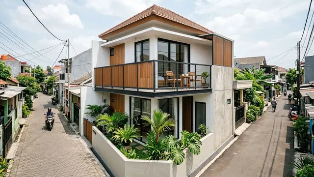 Model Rumah untuk Lahan Pojok Gang yang Tetap Terang dan Berangin (AI Generated)