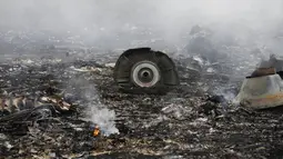 Pesawat jenis Boeing 777 dan sedang terbang dari Amsterdam ke Kuala Lumpur itu jatuh di dekat Kota Donetsk dan menewaskan 295 orang, termasuk belasan WNI, Kamis (17/7/14). (REUTERS/Maxim Zmeyev)