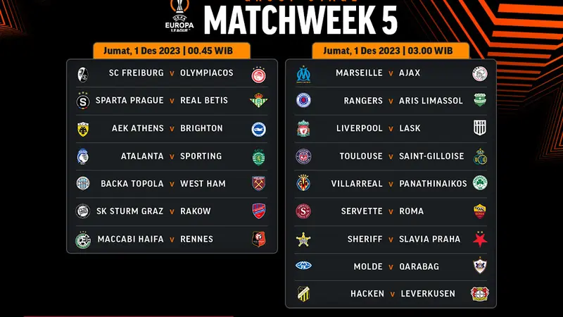 Jadwal dan Live Streaming Pertandingan Liga Eropa Matchweek 5 di Vidio