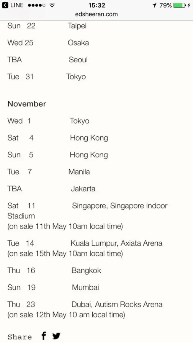 Jadwal tur Ed Sheeran di Asia pada November 2017. (Twitter)