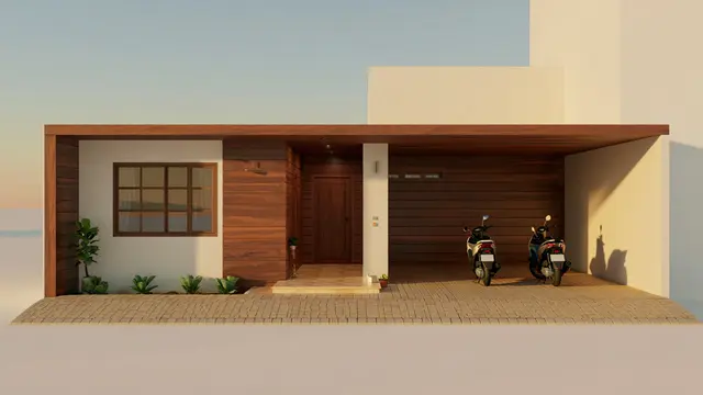 Desain Rumah Tipe 45 Satu Lantai dengan Garasi Muat 2 Motor dan Tampak Luas (AI)