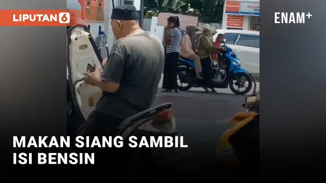 Nyeleneh! Bapak Ini Makan Siang saat Antri Bensin