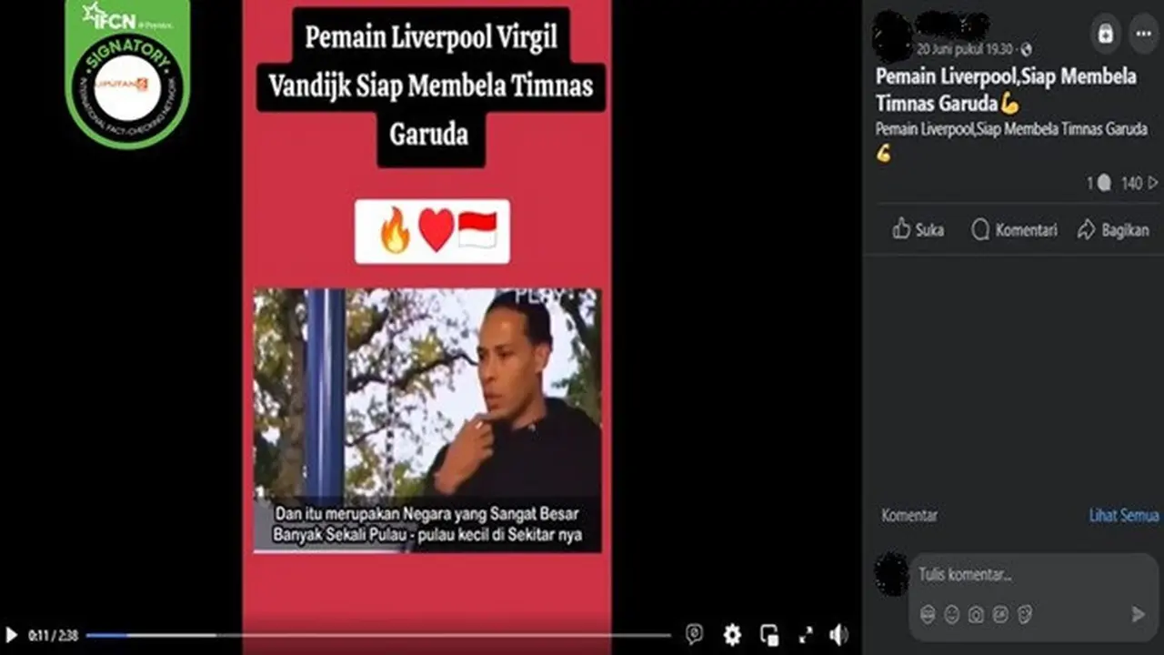 Gambar tangkapan layar video yang diklaim pemain klub Liverpool Virgil Van Dijk siap membla Timnas Indonesia. (sumber: Facebook)