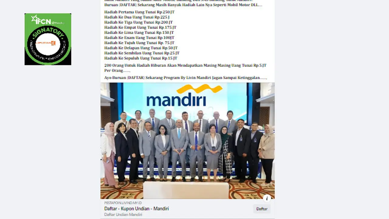 Tangkapan layar klaim program undian uang tunai Rp 1 miliar dari Bank Mandiri.