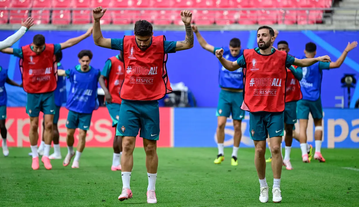 Duel antara Portugal dan Republik Ceko dijadwalkan berlangsung di Red Bull Arena Leipzig, Rabu (19/6/2024) pukul 02.00 WIB dini hari nanti. (JOHN MACDOUGALL/AFP)