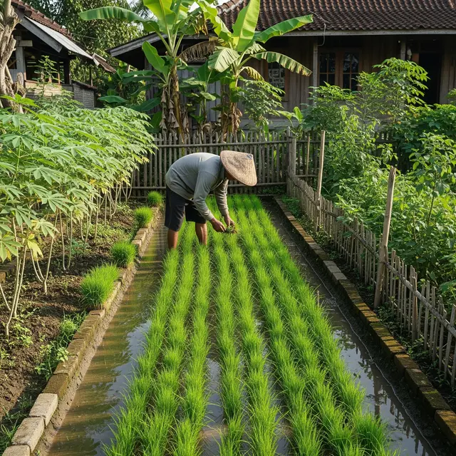 Petani Padi dengan Lahan Sempit di Pekarangan Rumah (Gemini AI)