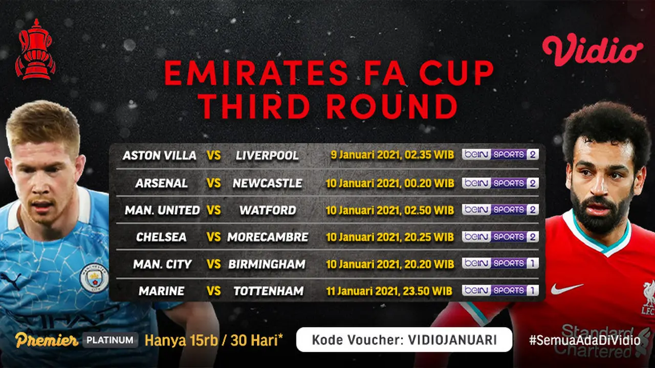 Jadwal Live Streaming FA CUP 2020-2021 Putaran Ke-3 di Vidio