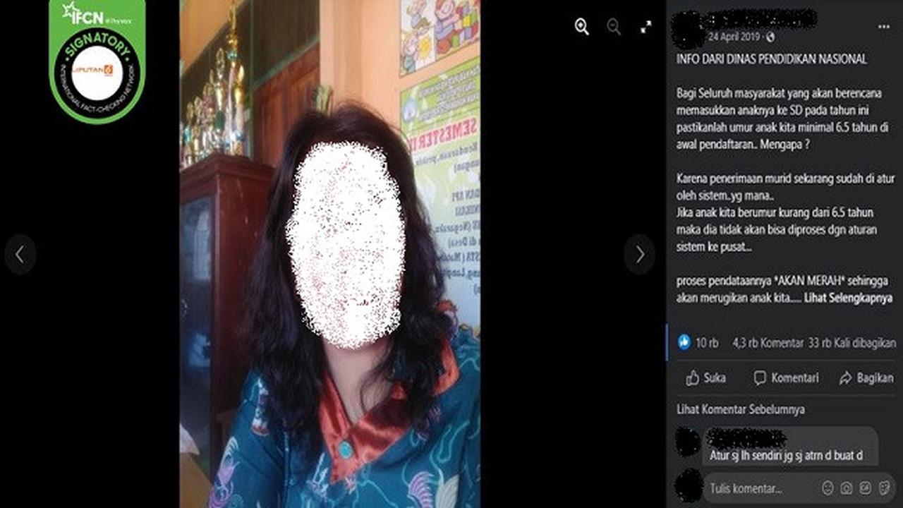 Gambar Tangkapan Layar Klaim Syarat Anak Masuk Sekolah Dasar (SD) Harus Berusia 6,5 tahun (sumber: Facebook).