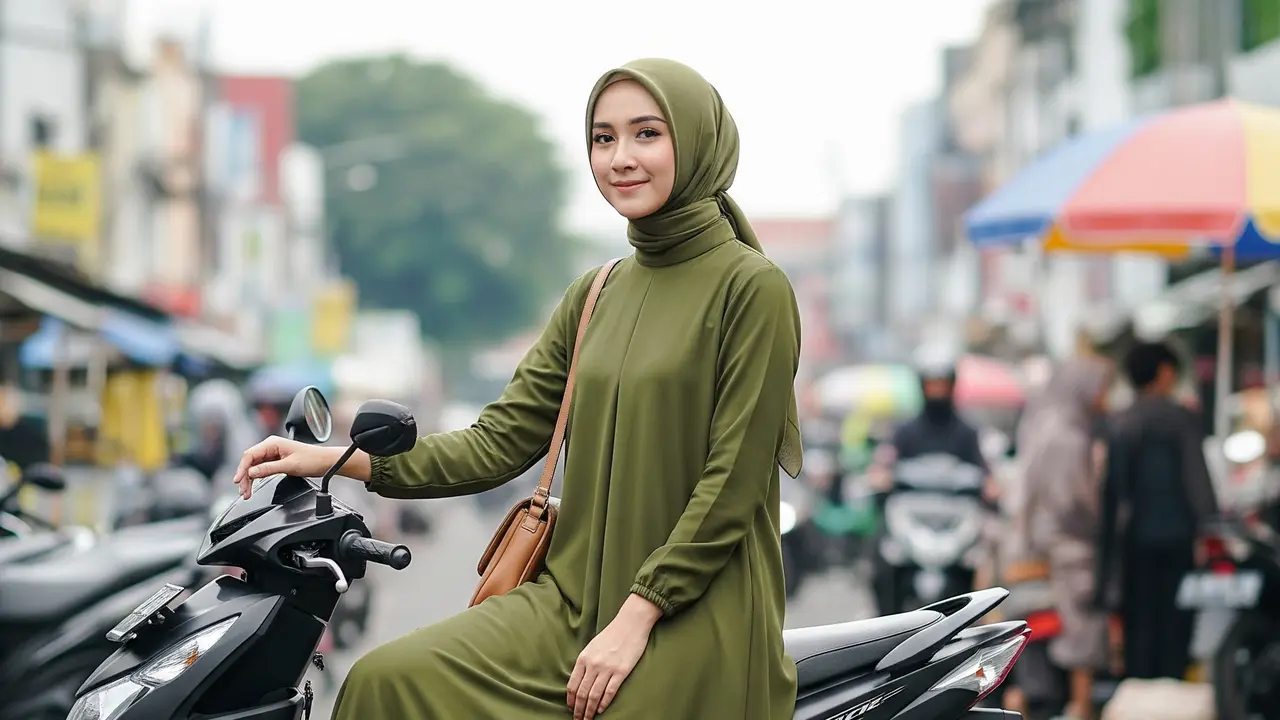Model Gamis yang Tetap “Rapi & Adem” untuk Komuter Motor Setiap Hari (Image by Gemini AI)