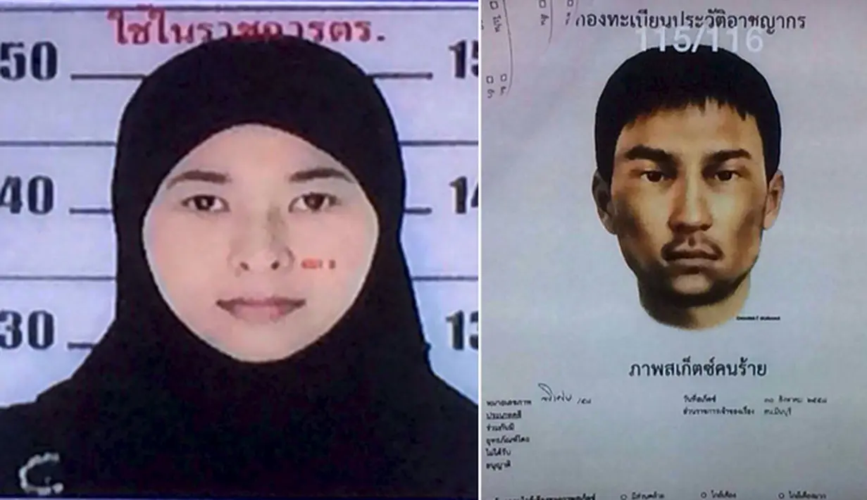 Foto wanita dan sketsa pria yang diduga terlibat aksi peledakan bom saat ditunjukkan pihak kepolisian, di Bangkok, Thailand, Senin (31/8/2015). Polisi Thailand kini memburu para tersangka yang telah diketahui identitasnya tersebut. (REUTERS /Thai Police)