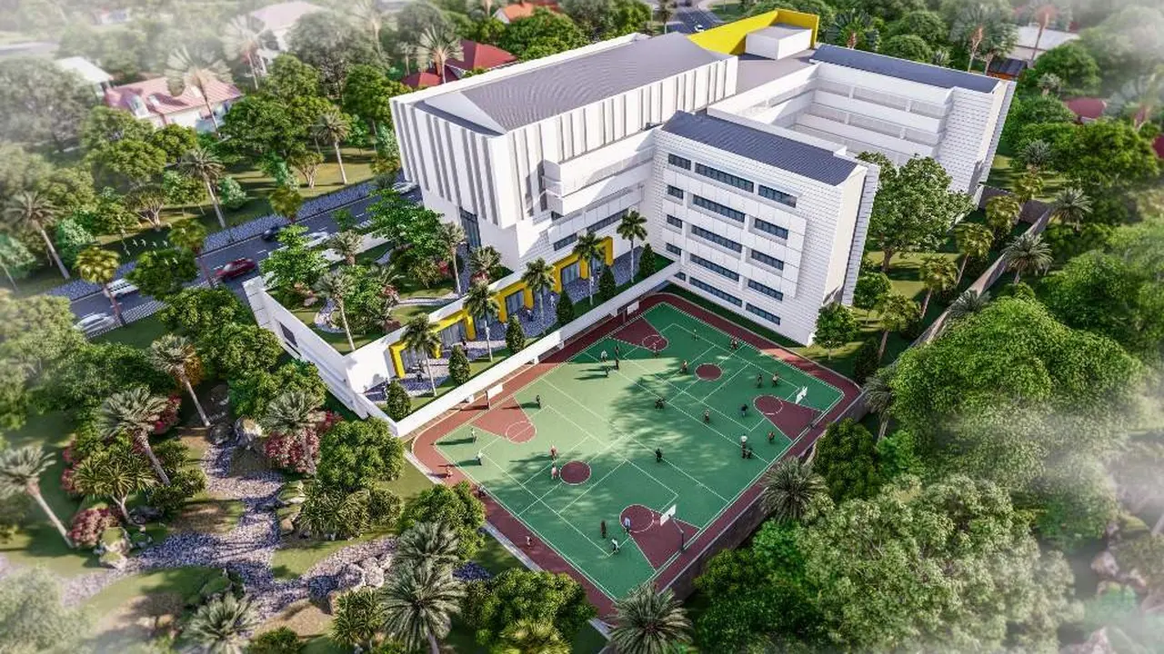 Desain dari tampak belakang bangunan Sekolah Kristen IPEKA BALIKPAPAN II yang berlokasi di Perumahan Grand City, Kelurahan Graha Indah, Balikpapan