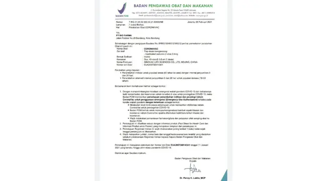 Surat BPOM yang memberi izin mengenai penggunaan vaksin COVID-19 Sinovac bernama CoronaVac untuk lansia.