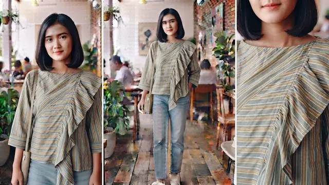 Blouse Salur Oversize dengan Ruffle Asimetris