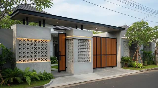 Gerbang Minimalis dengan Kombinasi Beton dan Material Lain