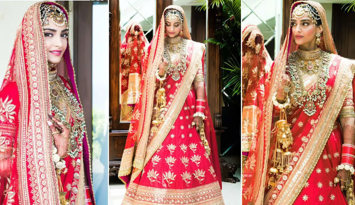 Sonam Kapoor sendiri tampil cantik dengan balutan busana tradisional India berwarna merah dan emas. Sedangkan Anand Ahuja terlihat gagah dengan mengenakan bandhgala rancangan Raghavendra Rathore. (Foto: ndtv.com)