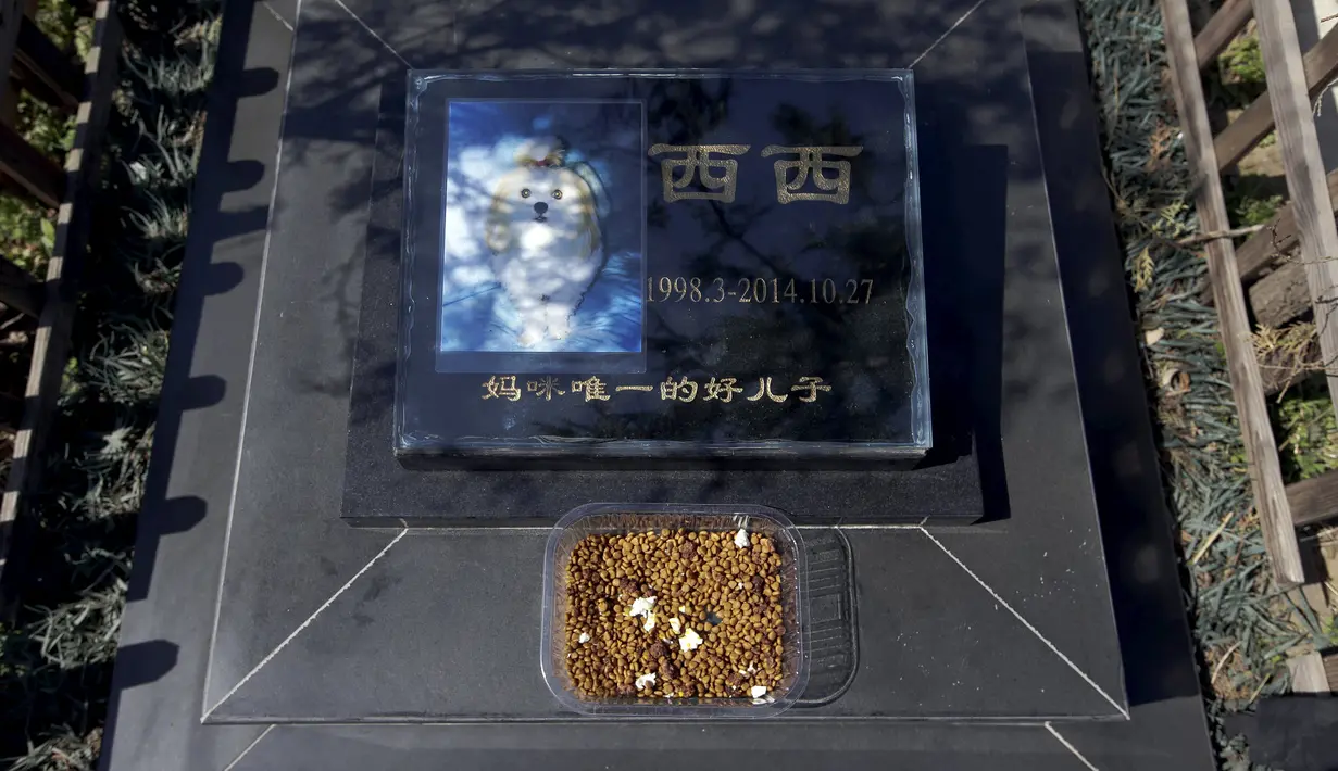 Makam seekor Anjing disertai makanannya di pemakaman hewan, Beijing , Cina (26/3). Cina akan merayakan Festival Qingming yaitu ritual untuk kerabat yang dicintai termasuk hewan. (REUTERS / Jason Lee)