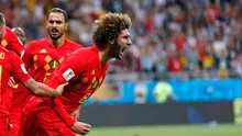 Pemain timnas Belgia, Marouane Fellaini berselebrasi setelah mencetak gol kedua timnya pada 16 besar Piala Dunia 2018 di Rostov Arena, Selasa (3/7). Belgia melaju ke perempat final setelah meraih kemenangan dramatis 3-2 atas Jepang. (AP/Natacha Pisarenko)
