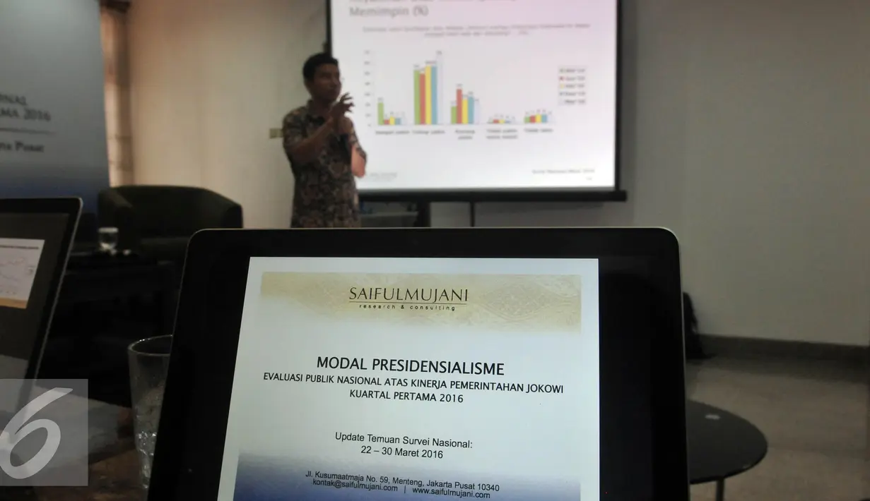 Penelitian SMRC atas kinerja Jokowi dilakukan pada 22-30 Maret 2016 dengan melibatkan 1.220 responden berusia 17 tahun ke atas di 34 provinsi di Indonesia, Jakarta, Minggu (17/4/2016). (Liputan6.com/Johan Tallo)