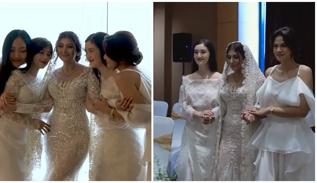 Ini adalah momen Sarah Keihl dengan 4 bridesmaidnya jelang acara akad nikah. Berbeda dengan resespi pakai gaun satin warna gold, saat akad nikah bridesmaid Sarah mengenakan gaun putih. Sudah dianggap seperti saudara, Sarah meminta Ranty dan Hana Saraswati untuk mendampinginya saat persiapan hingga diantar ke pelaminan bertemu dengan sang suami. (Liputan6.com/IG/sarahkeihl)