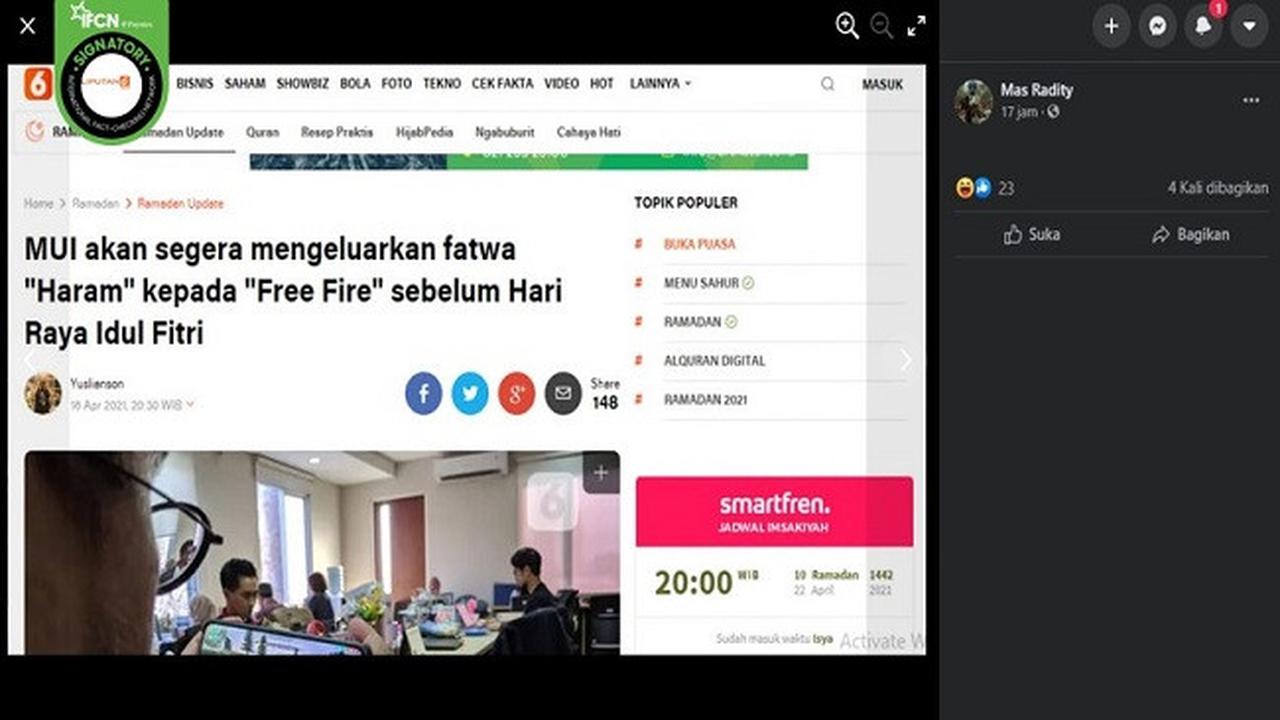 Gambar Tangkapan Layar Kabar tentang MUI akan Mengeluarkan Fatwa Haram Kepada Gim Free Fire (sumber: Facebook)