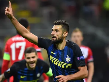 Taklukkan Southampton 1-0, Inter Milan masih juru kunci Grup K Liga Europa dalam laga di Stadion Giuseppe Meazza, Milan, Jumat (21/10/2016) dini hari WIB. Antonio Candreva mencetak gol kemenangan Inter. (AFP/Giuseppe Cacace)