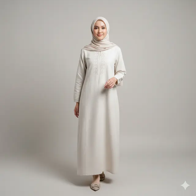 Model Dress Muslim Kombinasi Linen dan Bordir Elegan Terbaru 2025. Gemini