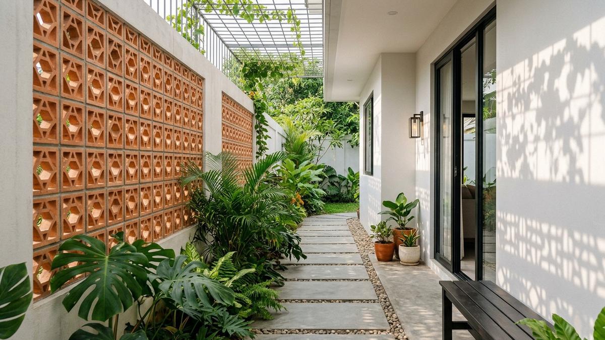 Inspirasi Koridor Samping Rumah dengan Dinding Roster yang Bikin Rumah Lebih Sejuk dan Estetik